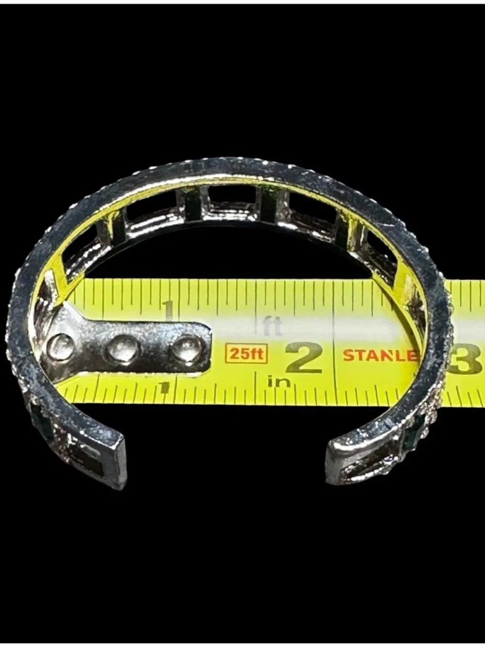Art Deco Style Bangle Bracelet Emerald Cut Rhinestones Clear Pave Silver Toned